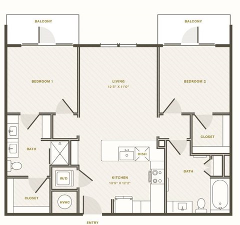 Floor plan for 2 beds, 2 baths, 1004 sqft